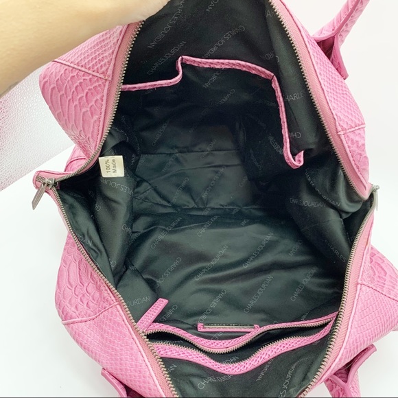 Charles Jourdan Croc Embossed Leather Satchel Bag in Bubblegum Pink - Picture 8 of 16